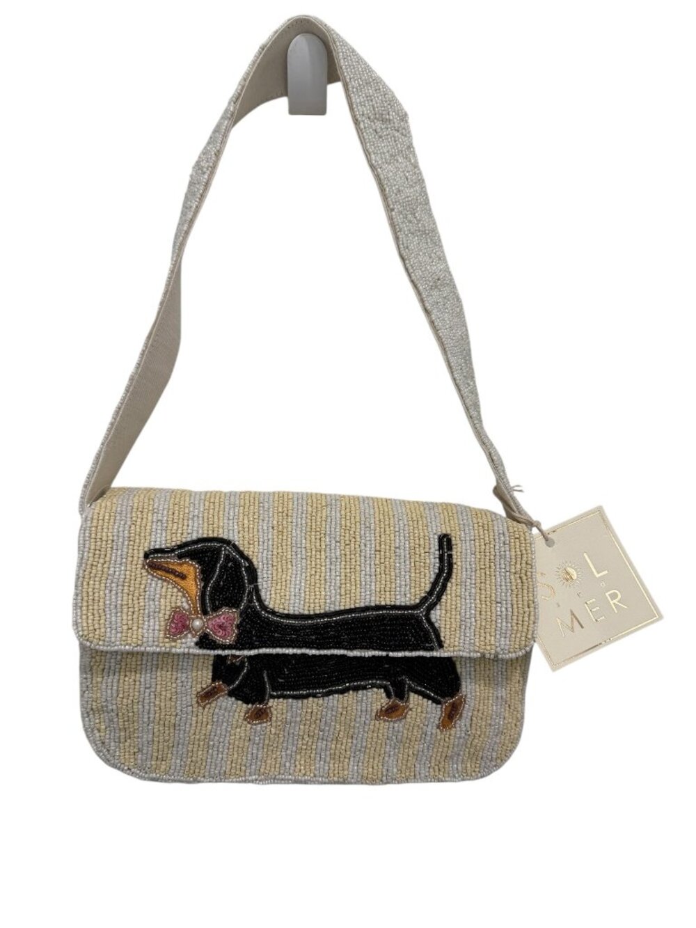 Dachshund Dog Puppy Beaded Striped Bag Handmade India New Release NWT